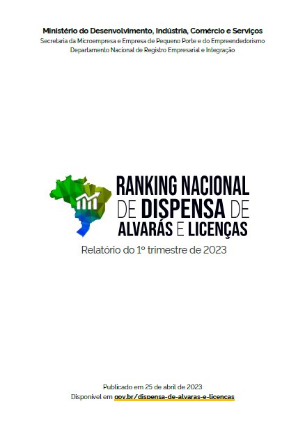 Capa do Ranking Nacional de Dispensa de Alvarás e Licenças, publicado pelo Ministério do Desenvolvimento, Indústria, Comércio e Serviços em abril de 2023.
